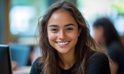 Happy young mixed-race female office worker smiling at her computer, working with colleagues in an ethnically diverse team, Generative AI