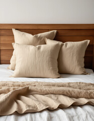 Obraz premium Cozy Comfort: Pillows arranged on a bed evoke a sense of tranquility and relaxation, showcasing the simple elegance of modern bedroom decor.