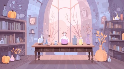 Aesthetic Laboratory Illustration: A captivating illustration, depicting an enchanting laboratory setting, brimming with an array of bottled concoctions and vintage artifacts.