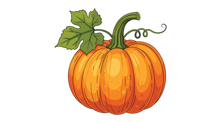 Vibrant orange autumn pumpkin with green stem and leaf adorned with swirling tendrils