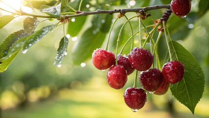 Cherry tree with water drop in garden in natural warm sunlight background