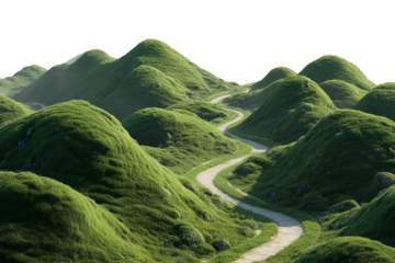 Dreamlike Rolling Hills Resembling Resting Giants with Winding Trail, Aerial View, Transparent Background.
