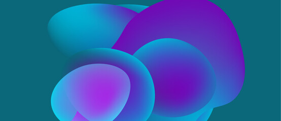 Abstract shapes blend vibrant blues, purples. Smooth gradients create fluid, modern visual impact. Minimalist design evokes calm energy.