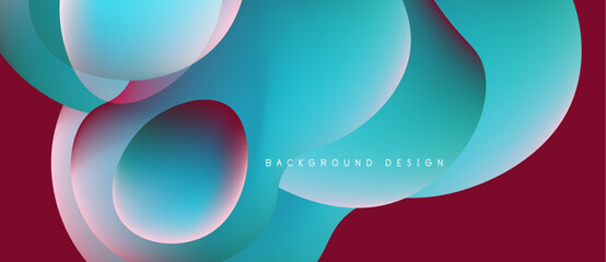 Abstract fluid shapes overlap, creating dynamic teal, red gradients. Modern design suggests movement, depth, visual interest.