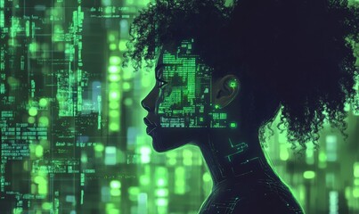 Artificial intelligence cybersecurity risks illustration concept. AI banner. Black African American female IT specialist analyzing data, information technology threats AR green code, Generative AI