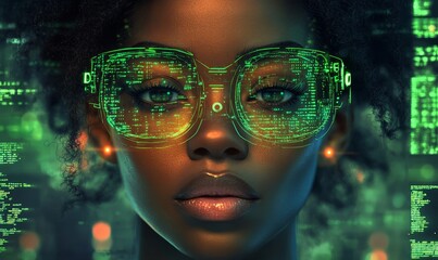 Artificial intelligence cybersecurity risks illustration concept. AI banner. Black African American female IT specialist analyzing data, information technology threats AR green code, Generative AI