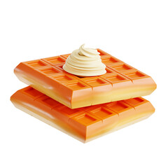PNG 3D Stacked Golden Waffles with Cream Topping Illustration Isolated on a White Background