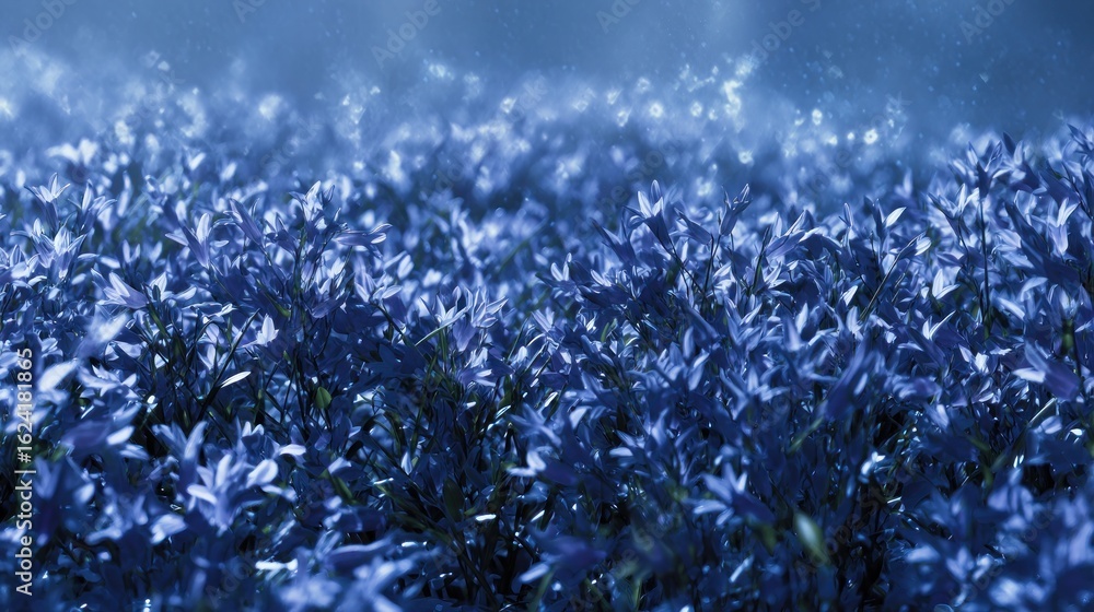 Poster a field of blue flowers with soft focus and bokeh creating a dreamy and ethereal atmosphere in natur