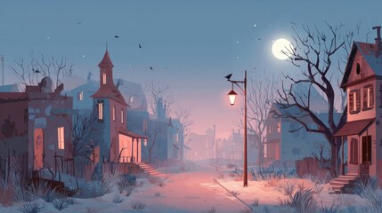 Twilight Town: A serene, yet slightly eerie, illustration of a quiet town nestled under a soft, wintery twilight.
