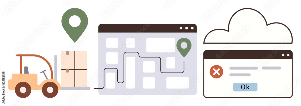 Poster forklift moving boxes, route map with location pins, cloud interface alerting error. ideal for logis