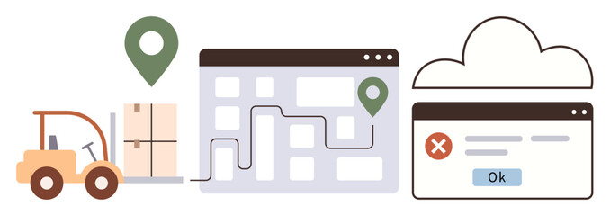 Forklift moving boxes, route map with location pins, cloud interface alerting error. Ideal for logistics, supply chain, delivery, tracking, warehouse e-commerce technology. Simple flat metaphor