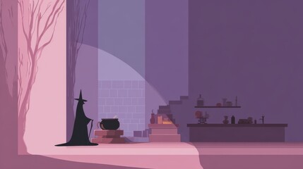 Mystic Chamber: An illustration unveils a shadowy figure in a witch's chamber, with a brewing cauldron in the foreground. The scene hints at arcane rituals and the mystique of hidden knowledge.
