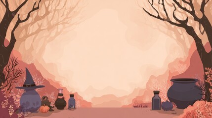 Enchanted Potion Scene: A mysterious potion scene, featuring a bewitching witch hat, bubbling cauldrons, and mystical potion bottles, creating a sense of fantasy and magic.