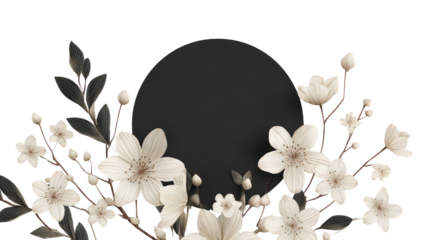 Elegant black circle framed by delicate white flowers and dark leaves