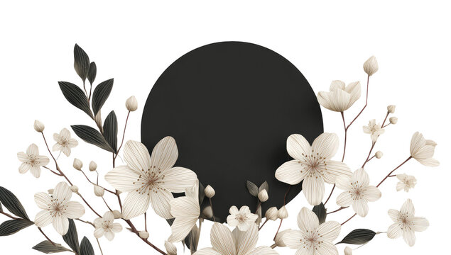 Elegant black circle framed by delicate white flowers and dark leaves