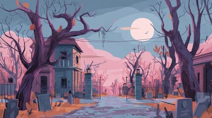 Spooky Cemetery at Dusk: An eerie illustrated scene features a haunted mansion in a cemetery, under a pale moon. Embellished with bare trees and old tombstones, the atmosphere is spooky.