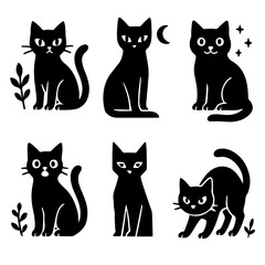 Fototapeta premium Set of black cat illustrations in Halloween style. Cute and spooky feline characters in various poses. Isolated vector on white background.