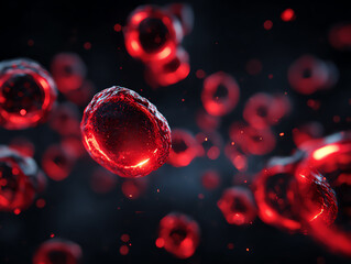 Close-up of vibrant red blood cells in a dark background.