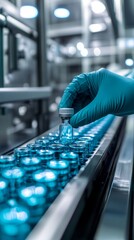 Pharmacist scientist with sanitary gloves examining medical vials on a production line conveyor belt in a pharmaceutical healthcare factory manufacturing prescription medication, Generative AI