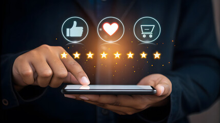 Person touching smartphone screen with glowing feedback icons