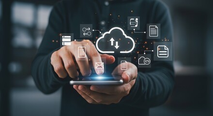 A person using a smartphone to access cloud storage, indicated by a cloud icon and associated data transfer symbols.