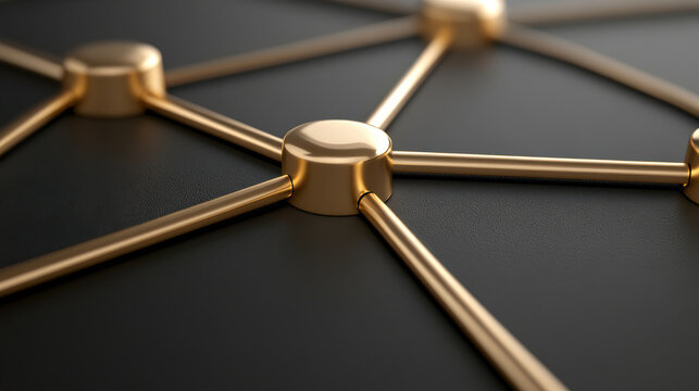 Golden network connection nodes on black surface symbolize linked system and communication