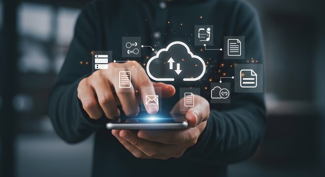 A person using a smartphone to access cloud storage, indicated by a cloud icon and associated data transfer symbols.