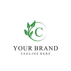 Initial letter C green leaves organic natural logo design, cosmetics and beauty vector icon concept