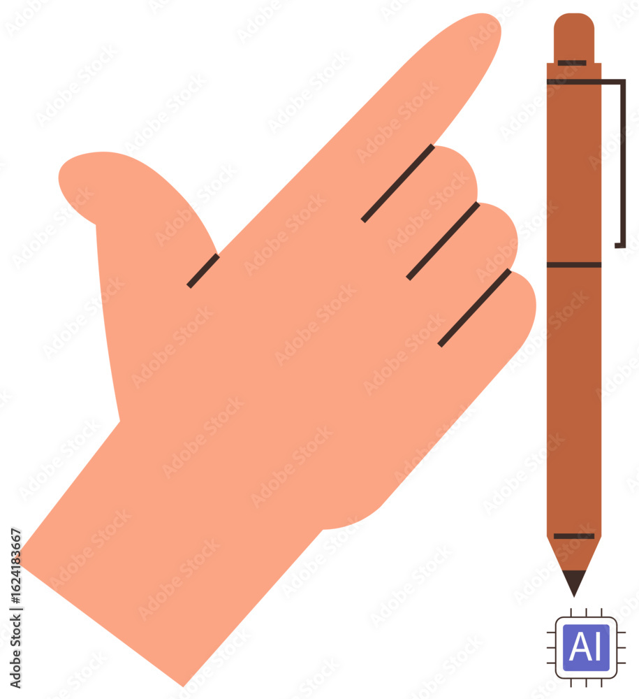 Poster hand making a gesture beside a stylus pen emphasizing human input in ai applications and technology.