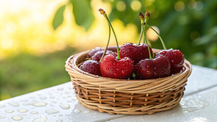Cherries in basket with water drop on tiled surface in natural warm sunlight background