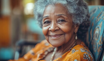 Happy senior Black woman in a wheelchair in a nursing home. Smiling old African American female pensioner being cared for by a nurse in a hospice for elderly, Generative AI