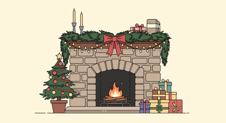 Obraz premium Cozy christmas fireplace scene with decorated tree and presents warm glow of the fire