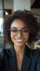 Happy smiling Black businesswoman taking a selfie. Black Business Month. Racial inclusion and ethnic diversity in an inclusive and diverse DEI workplace, Generative AI