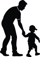 Father Helping Toddler Walk Silhouette – Black Vector Family Scene