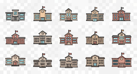 Varied school building vector icons for educational design