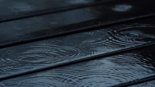 Heavy rain falling on dark wooden deck with concentric ripples on wet surface.