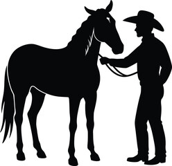 Obraz premium Cowboy petting horse bonding moment silhouette isolated on transparent background