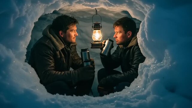 Two men find solace in an igloo drinking hot beverages under a lantern