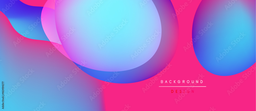 Poster abstract fluid shapes blend vibrant blues, pinks. gradient colors create dynamic visual effect. mode