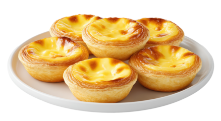 Mini egg tarts on a plate.  Golden pastry cups filled with custard