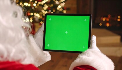 Santa Claus holds a tablet with a green screen, Christmas tree in background