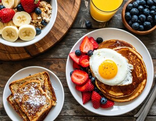 Close-up flat lay, American breakfast, vivid food colors, textural detail, cinematic lighting, full HD.