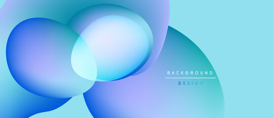 Abstract fluid shapes overlap, creating vibrant blue, purple gradients. Background suggests modern design, smooth transitions, light effects.