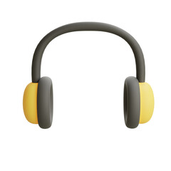 3D front-facing headphones with thick black arch and solid yellow ear cups, isolated on white, ideal for music or technology themes.
