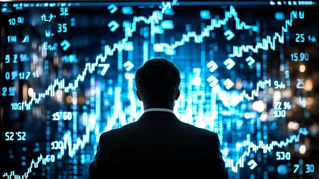 A businessman studies a digital chart with upward arrows and percentage symbols, representing financial growth, progress, and investment returns video