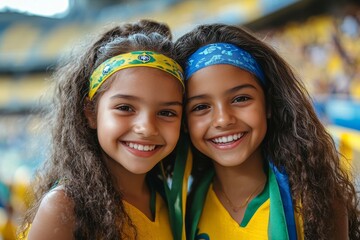 Brazilian young sisters supporting their football team at a stadium, showcasing national pride and the joy of sports events, Generative AI