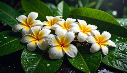 Tropical Paradise Fresh Plumeria Flowers with Dew Drops on Lush Green Leaves.