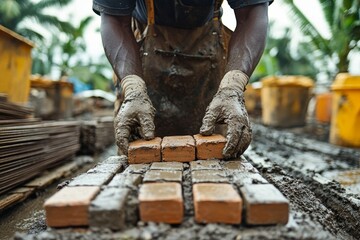 Bricklayer placing the next row of bricks in a construction project, highlighting craftsmanship and building progress, Generative AI