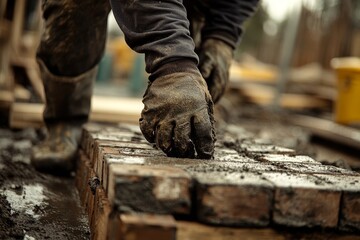 Bricklayer placing the next row of bricks in a construction project, highlighting craftsmanship and building progress, Generative AI