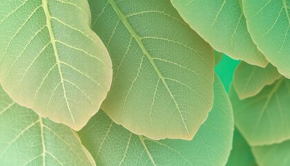 Fototapeta premium Close up view of fresh light green leaves showing leaf vein detail, texture, and patterns in natural light